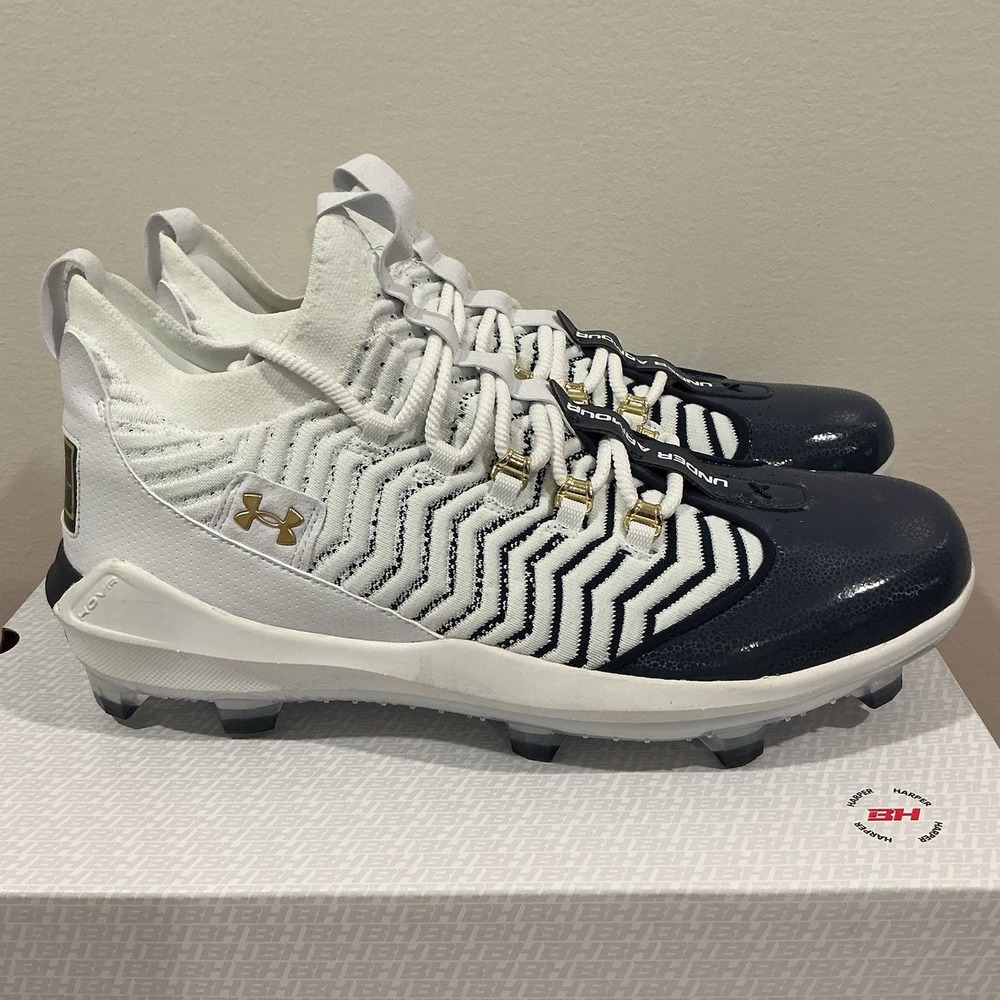 Under Armour Men's Harper Pro 9 TPU Baseball Cleats Size 15 White‎ Gold Navy